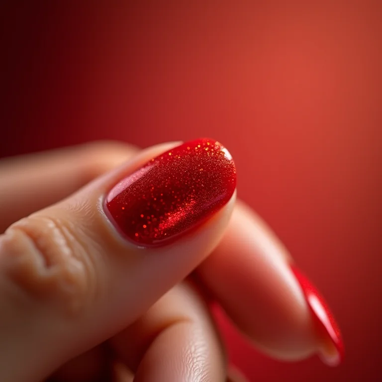 Close-up extremo de unha filha única com glitter vermelho.