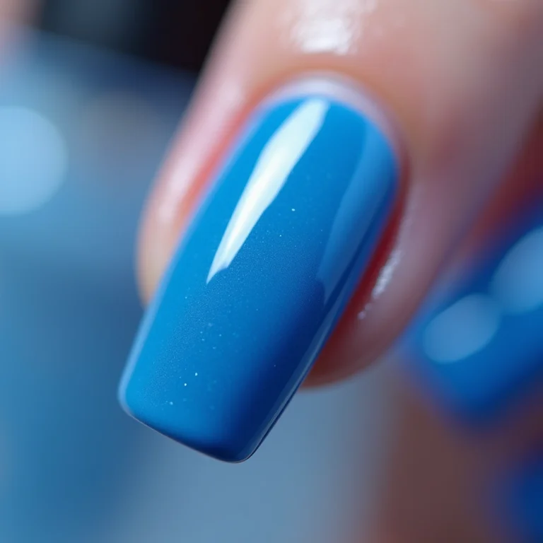 Close-up extremo de unhas azuis brilhantes.