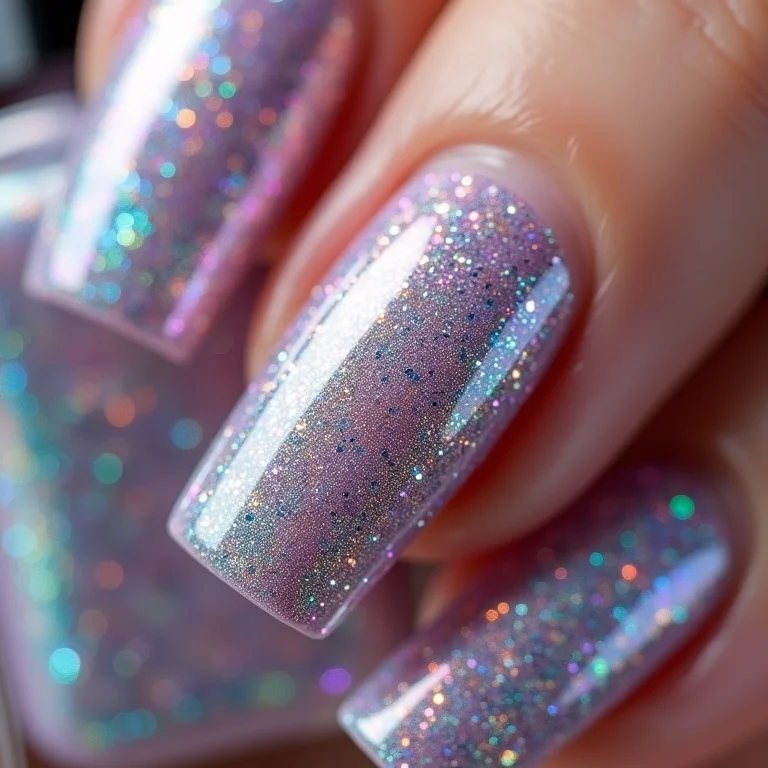 Close-up extremo de unhas com glitter holográfico da Sephora, puro brilho e glamour.