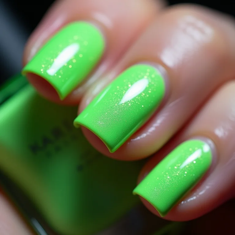 Close up extremo de unhas com glitter verde neon