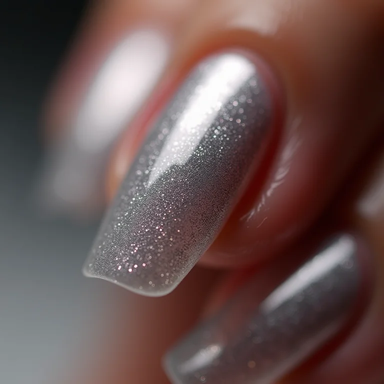 Close-up extremo de unhas prata com glitter.