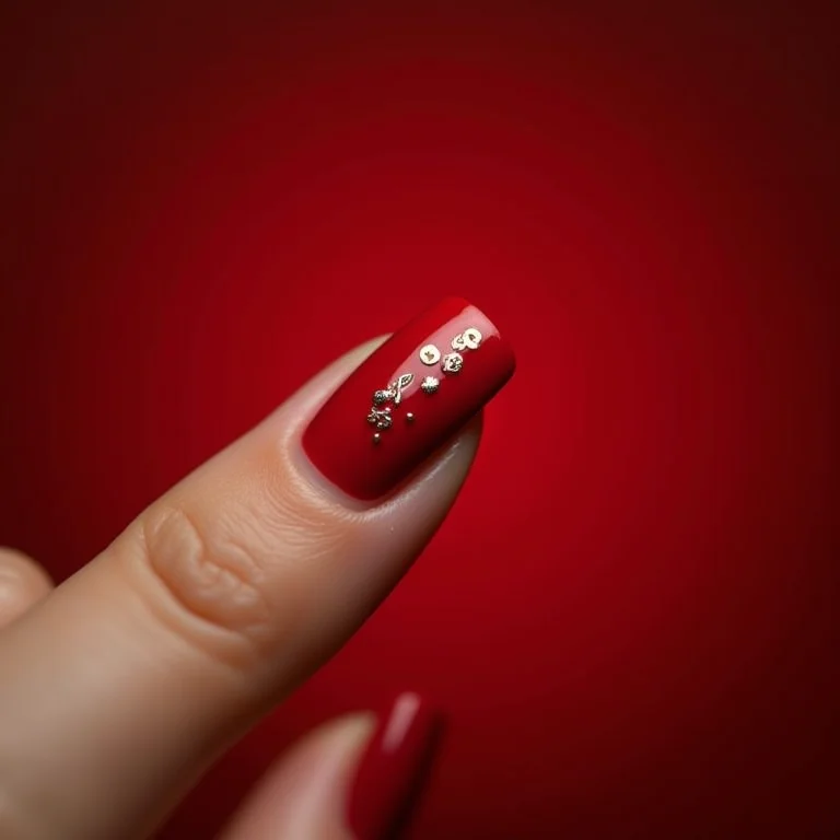 Close-up extremo de unhas vermelhas com adesivos temáticos.