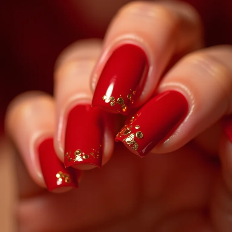 Close-up extremo de unhas vermelhas com detalhes dourados.