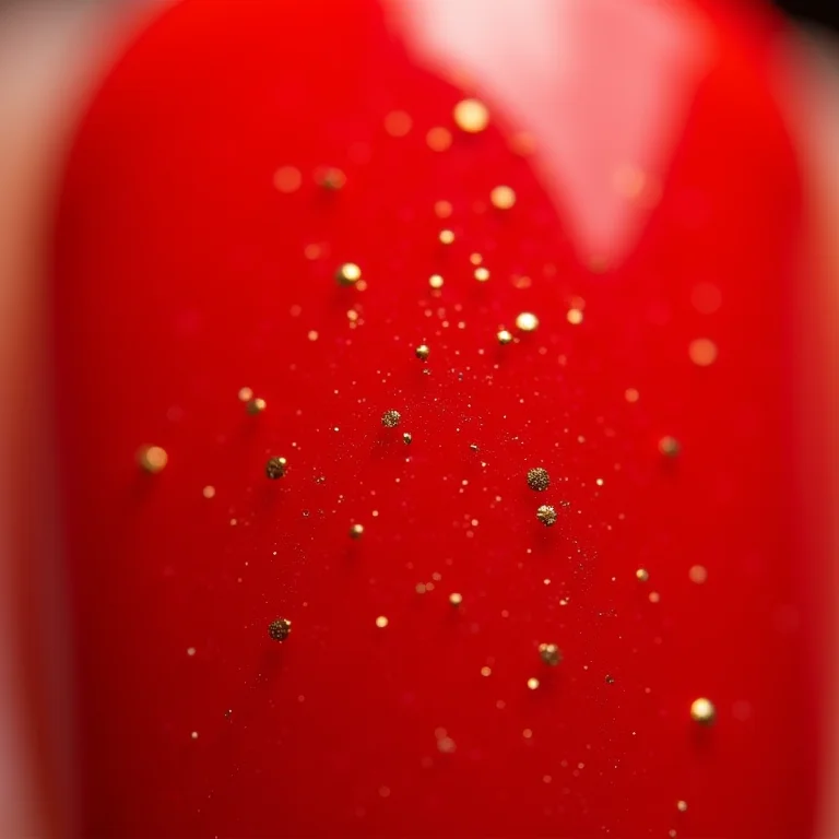 Close up extremo de unhas vermelhas com glitter dourado