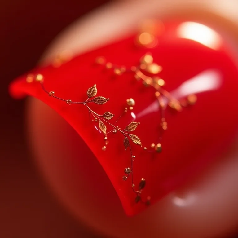 Close up extremo de unhas vermelhas decoradas com flores douradas