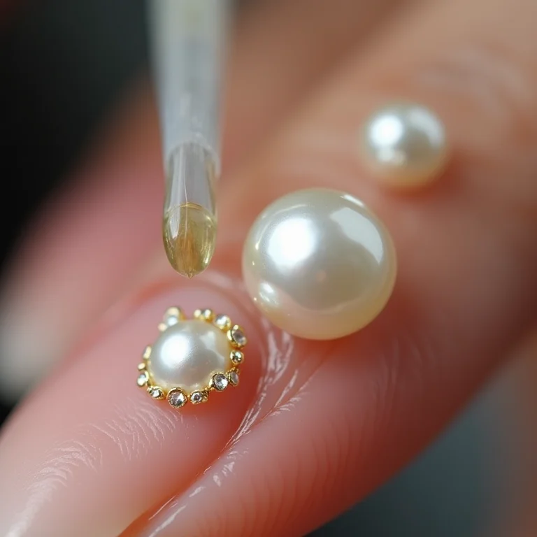 Colando conchas e pérolas nas unhas em close