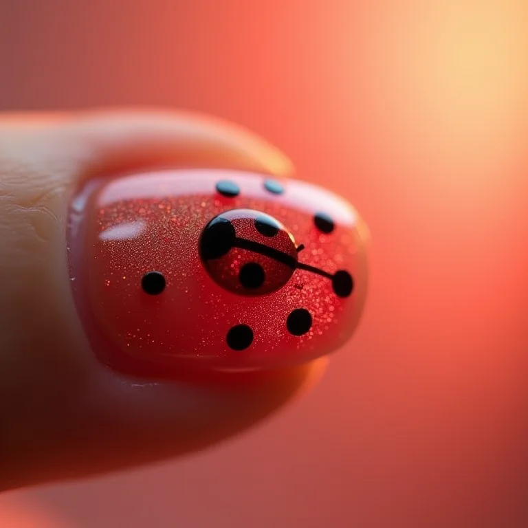 Degradê com joaninha nas unhas