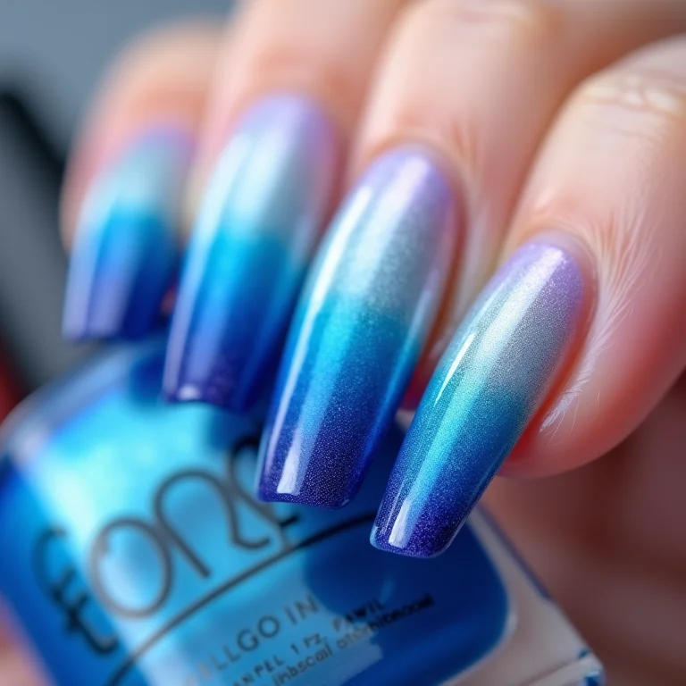 Degradê de azuis nas unhas