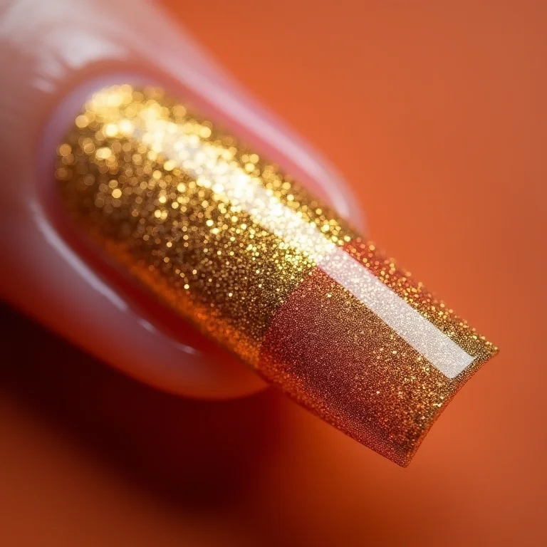 Degradê de glitter dourado nas unhas