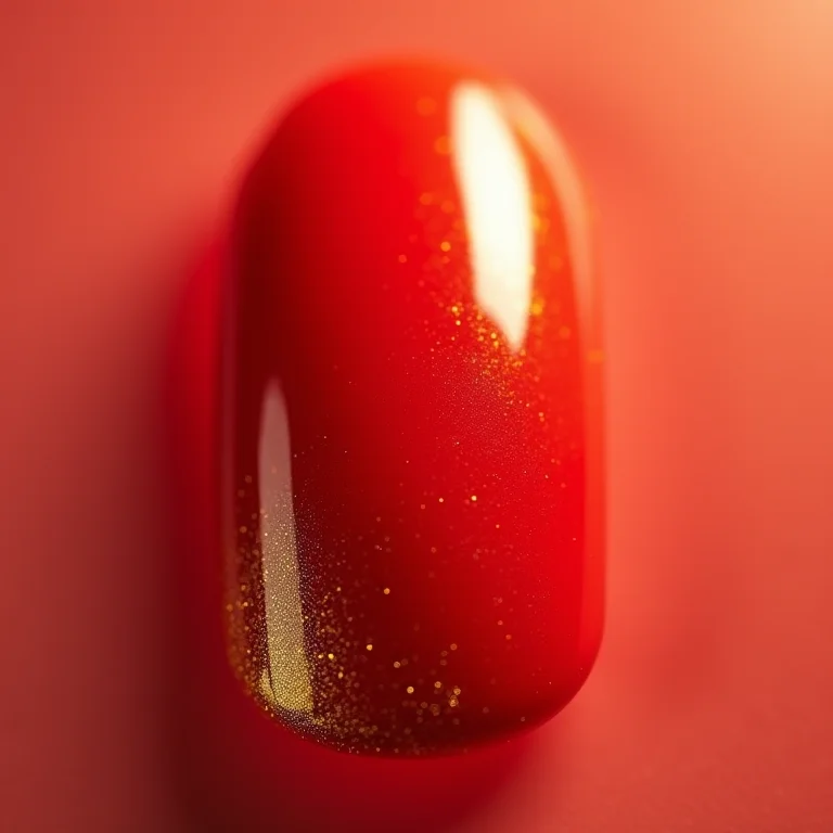 Degradê vermelho e dourado em unhas ovais