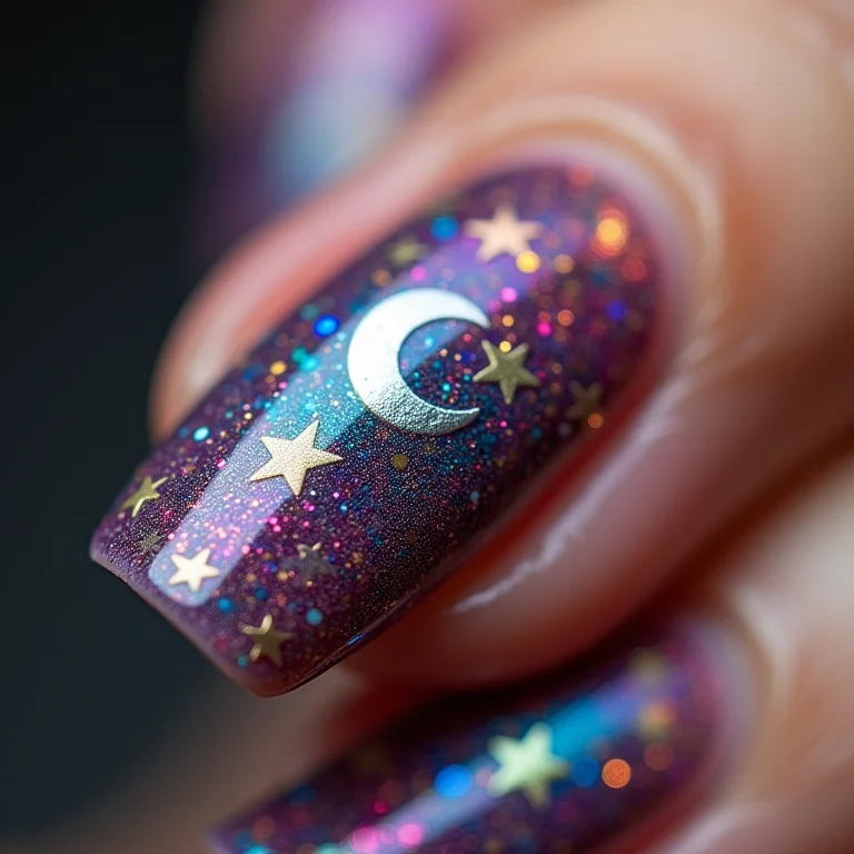 Desenhos de estrelas e luas em unhas com glitter