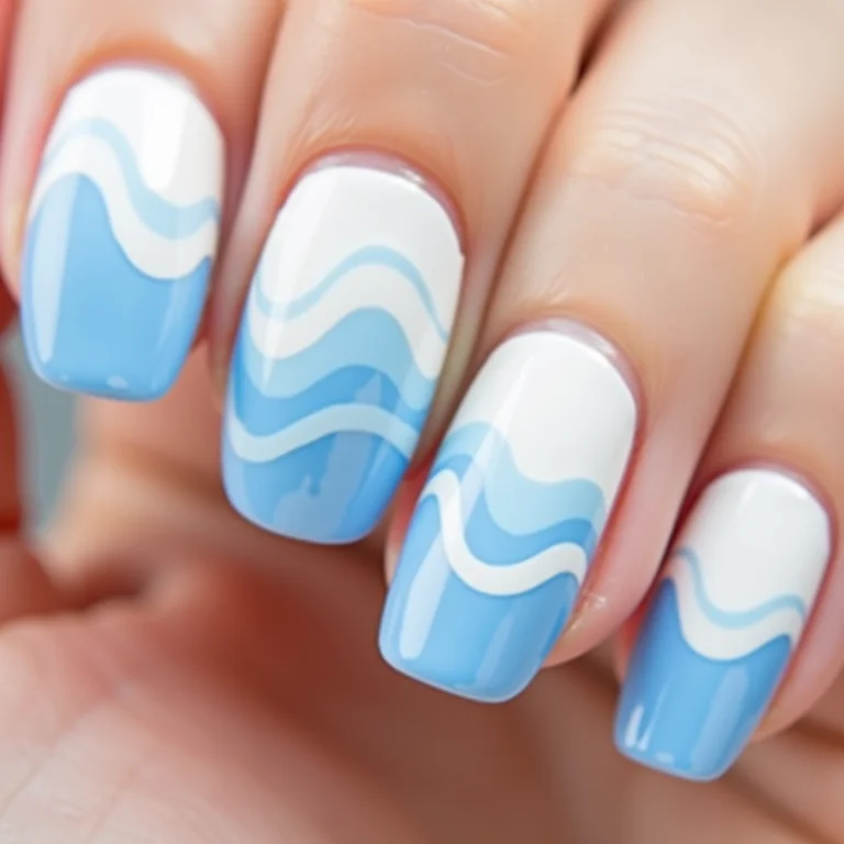 Desenhos de ondas com esmalte branco e azul: arte nas unhas.