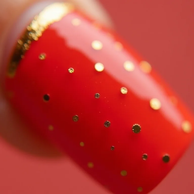 Desenhos geométricos dourados em unhas vermelhas