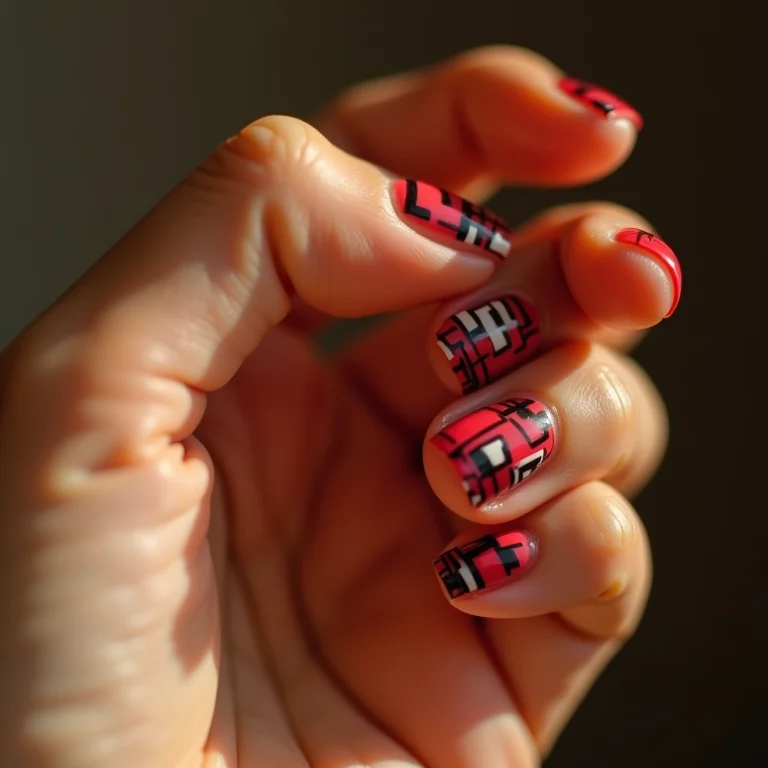 Desenhos geométricos em preto sobre vermelho