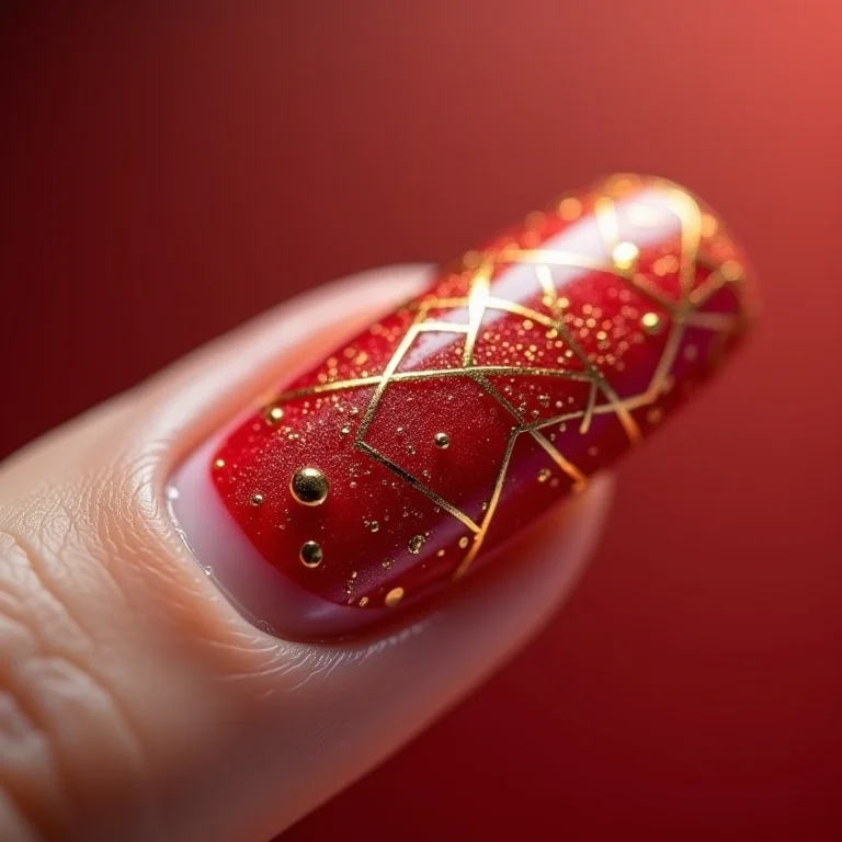 Desenhos geométricos metalizados dourados em unhas