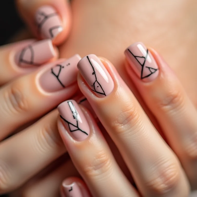 Desenhos geométricos minimalistas em unhas de gel.