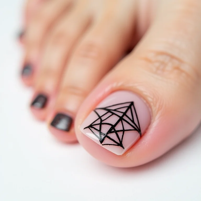 Desenhos geométricos minimalistas nas unhas do pé.