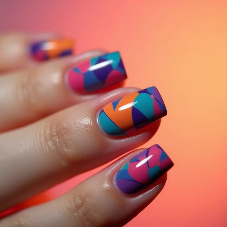 Design geométrico colorido em unhas quadradas