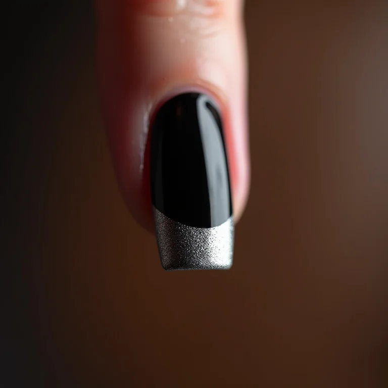 Detalhe de francesinha invertida prateada em unhas pretas