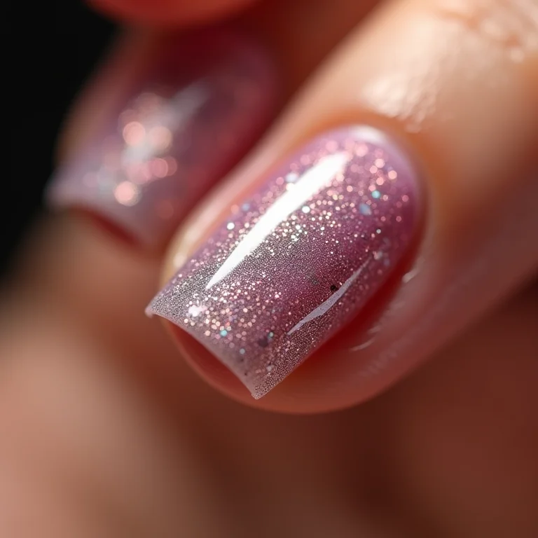 Detalhe de unha filha única com glitter.