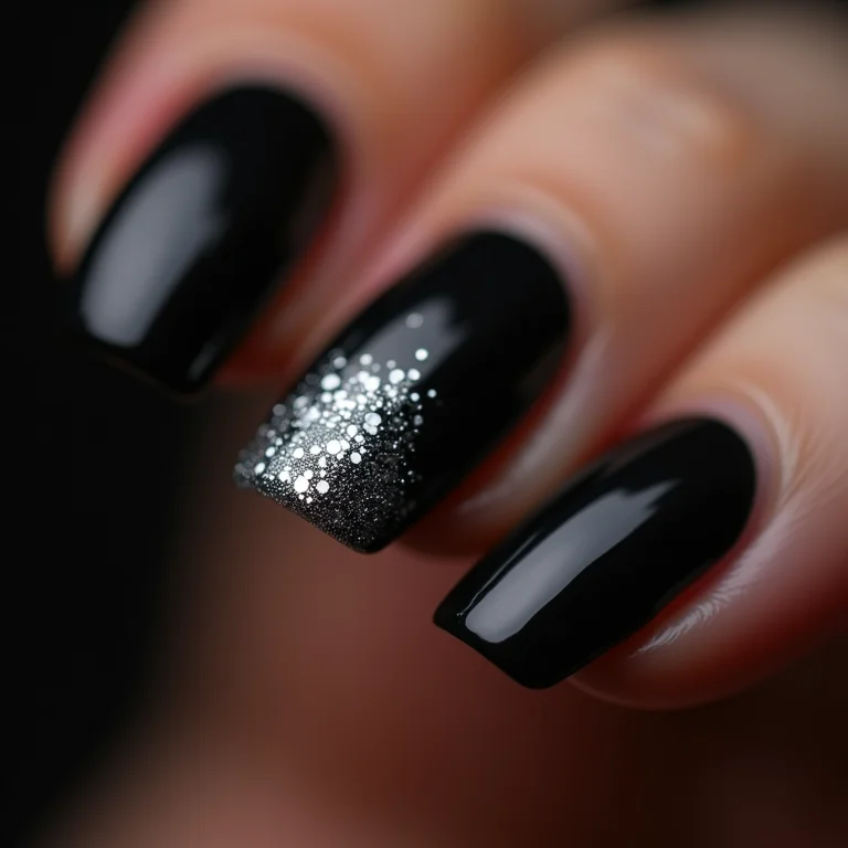 Detalhe de unha filha única preta com glitter