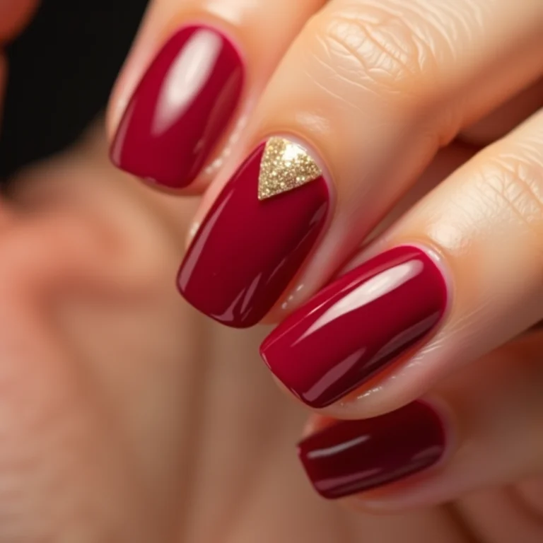 Detalhe de unha única com glitter dourado na ponta