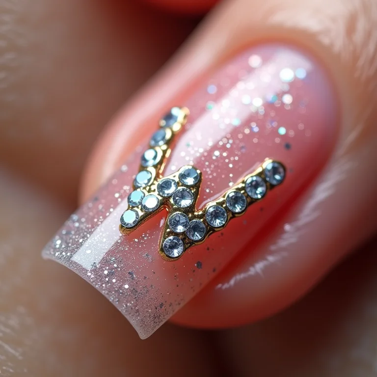 Detalhe de unhas com 'W' de glitter e pedrarias.