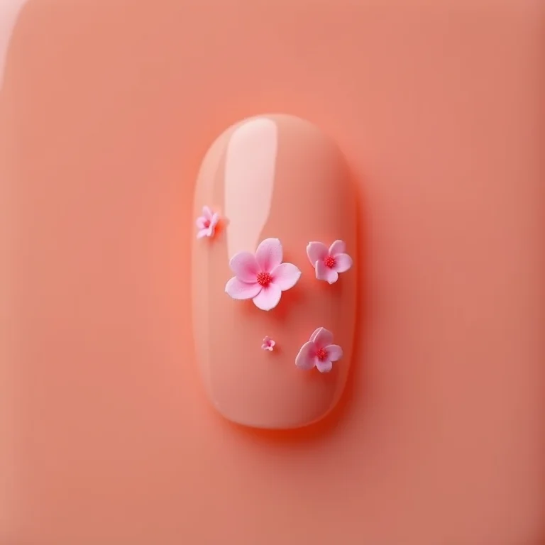 Detalhe de unhas decoradas com flores delicadas rosa.
