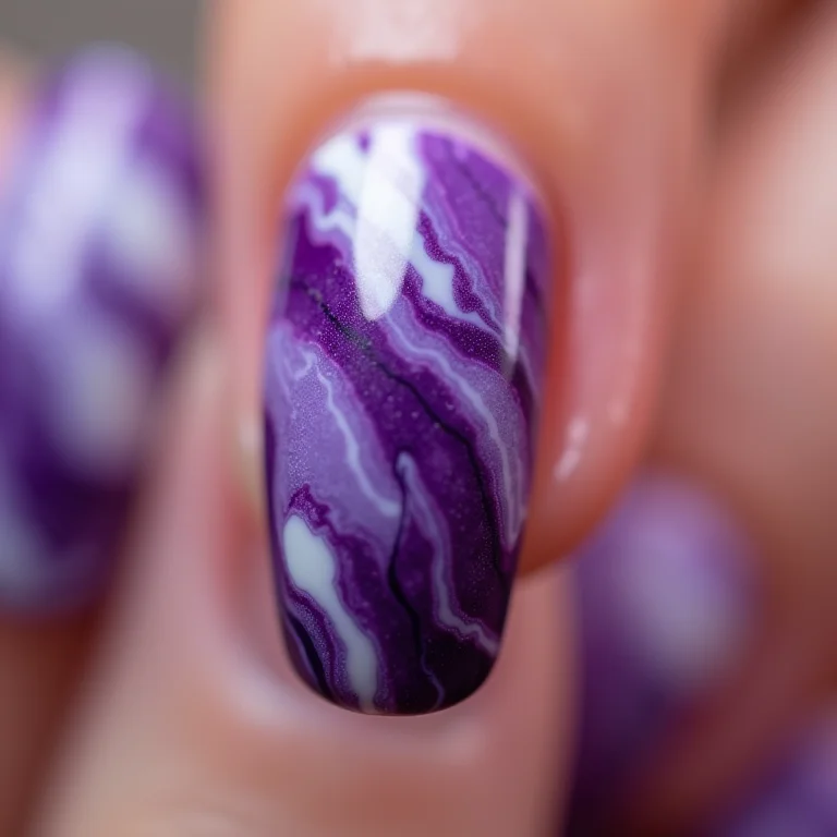 Detalhe de unhas marmorizadas roxas e brancas