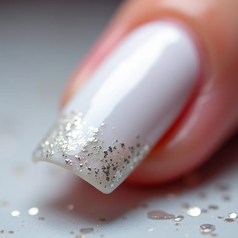 Detalhe macro da unha com cola branca removendo glitter