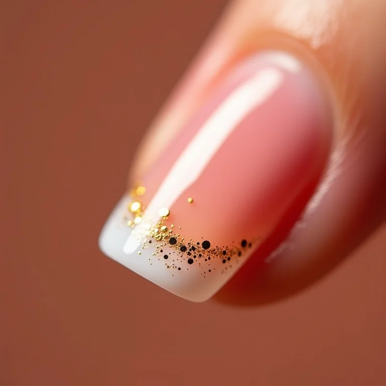 Detalhe macro de francesinha com bolinhas douradas.