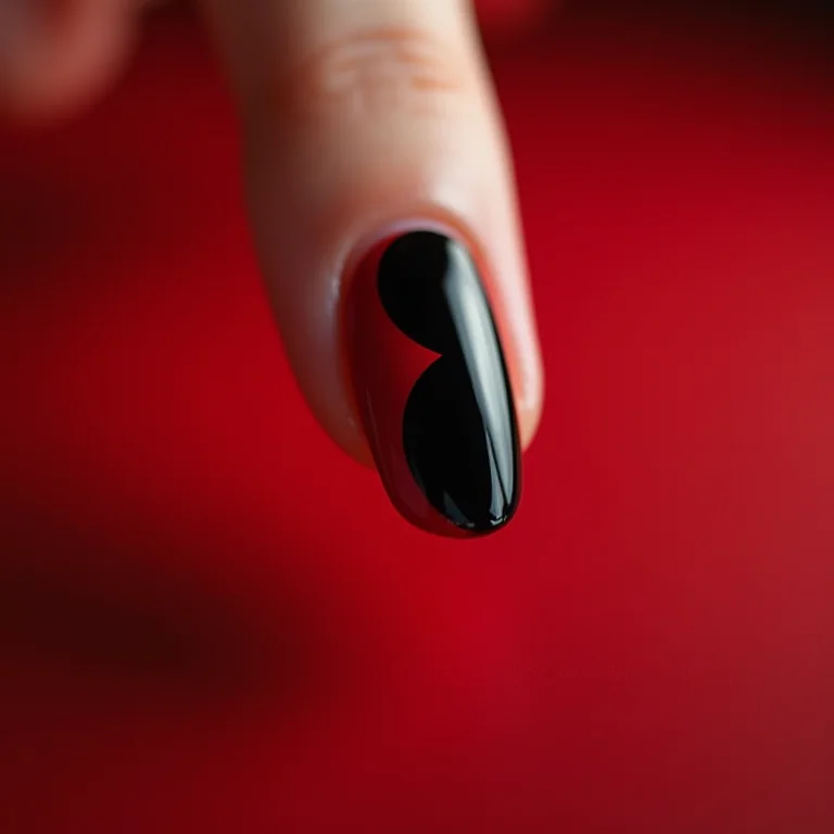Detalhe macro de meia lua vermelha e preta nas unhas