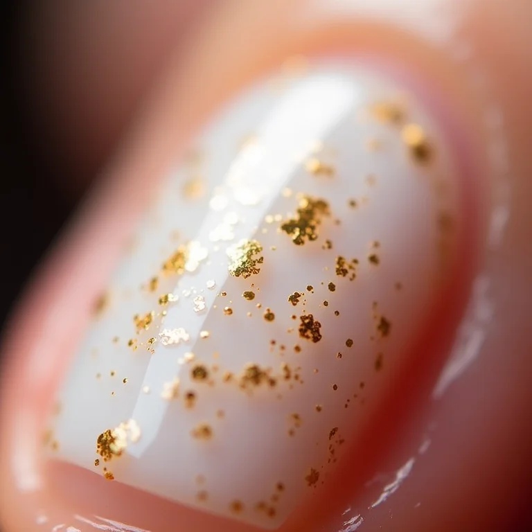 Detalhe macro de unha branca com flocos dourados