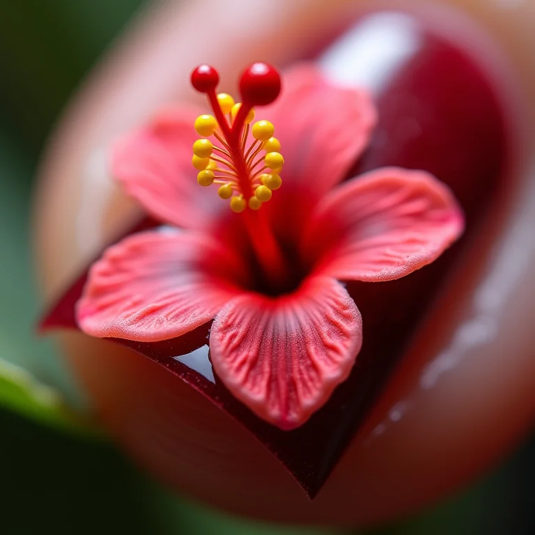 Detalhe macro de unha com flor de hibisco