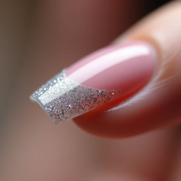 Detalhe macro de unha filha única com glitter prata