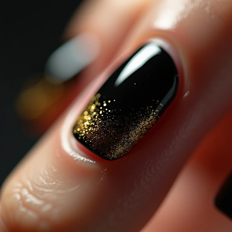 Detalhe macro de unha preta com glitter dourado