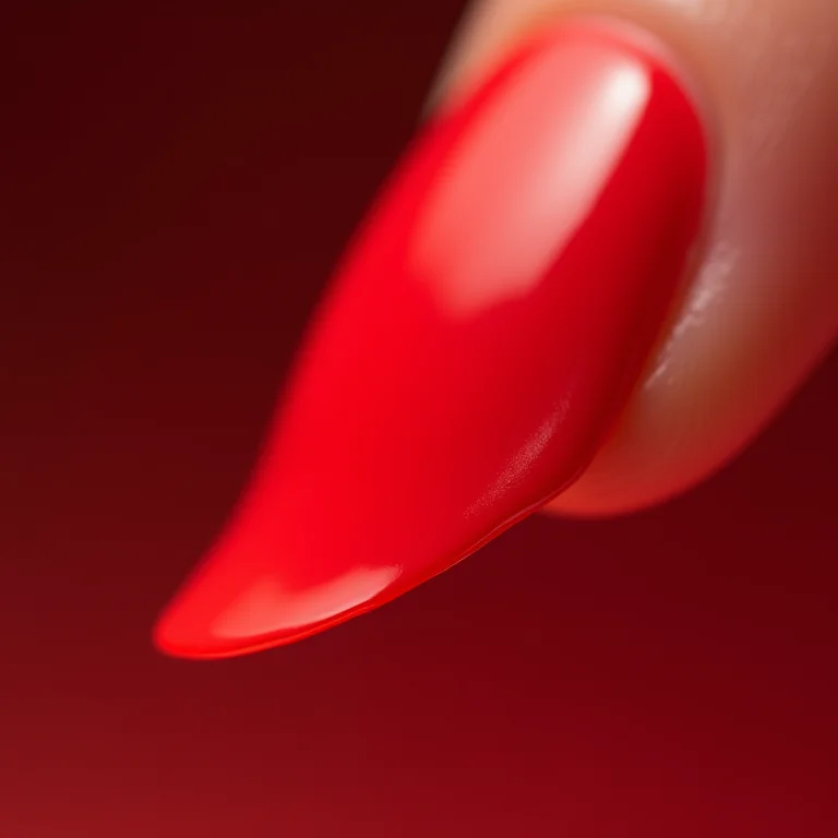 Detalhe macro de unha vermelha com contorno perfeito usando pincel chanfrado.