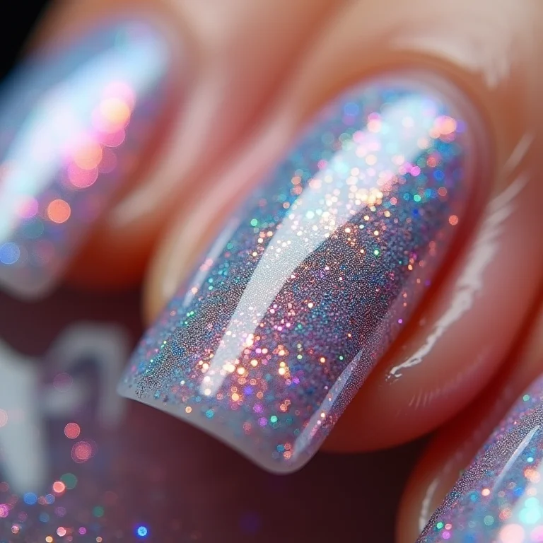 Detalhe macro de unhas cobertas de glitter brilhante e iridescente.