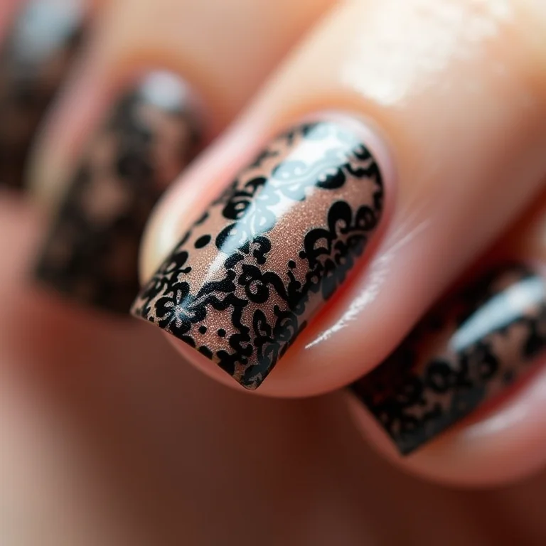 Detalhe macro de unhas com carimbo de renda preta.