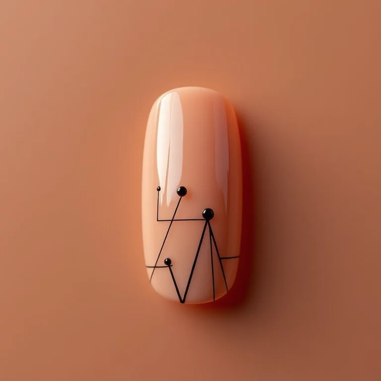 Detalhe macro de unhas com design minimalista e traços gráficos em preto.