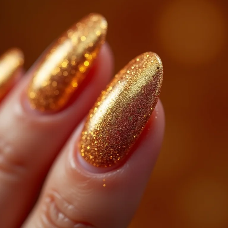 Detalhe macro de unhas com glitter dourado