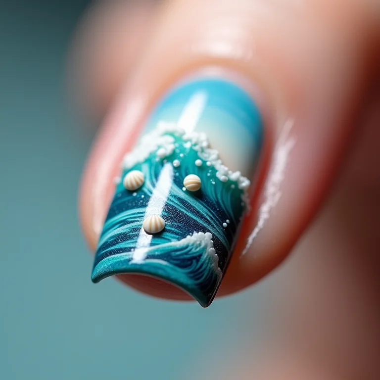 Detalhe macro de unhas com ondas do mar e conchas