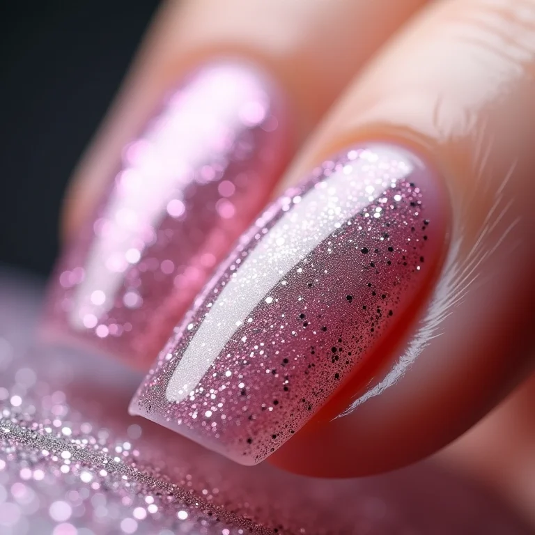 Detalhe macro de unhas de gel com glitter