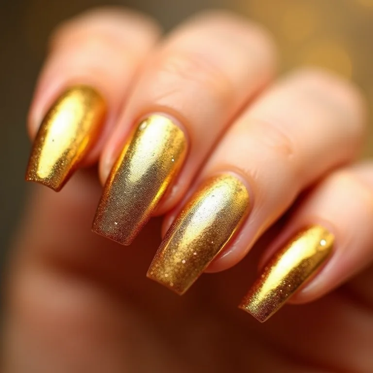 Detalhe macro de unhas elegantes com folha de ouro