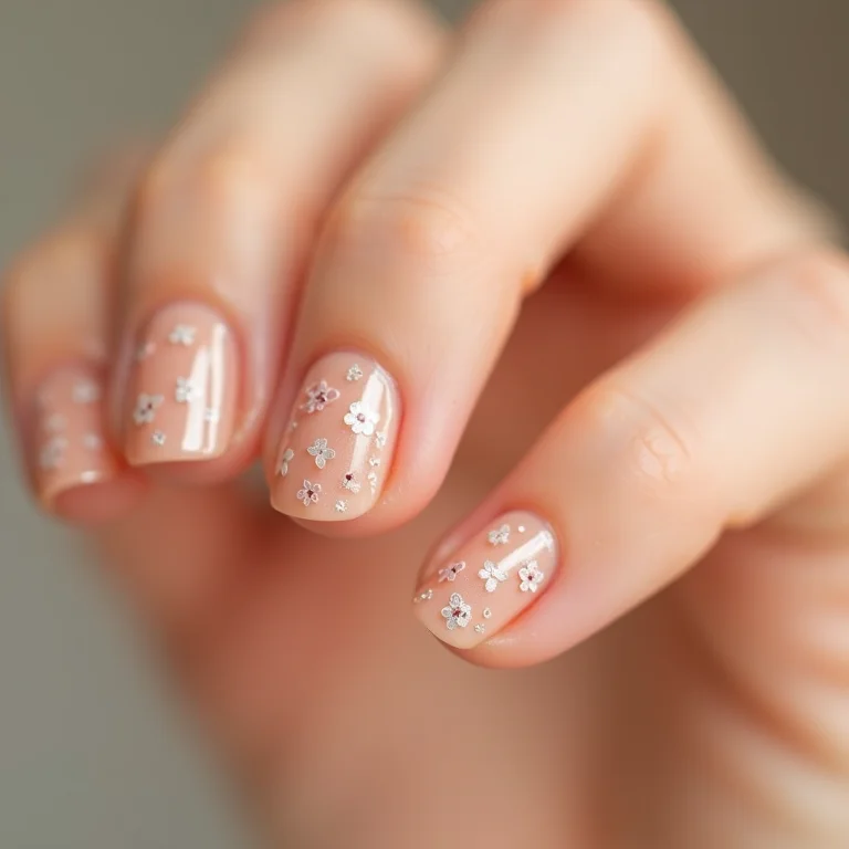 Detalhe macro de unhas minimalistas com adesivos florais.