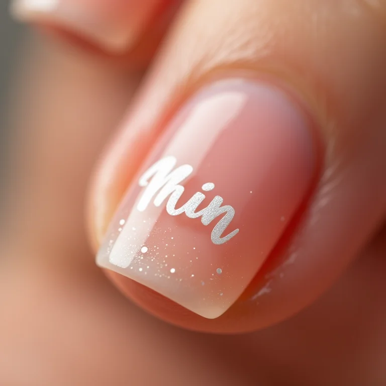 Detalhe macro de unhas nude com nome escrito à mão em branco