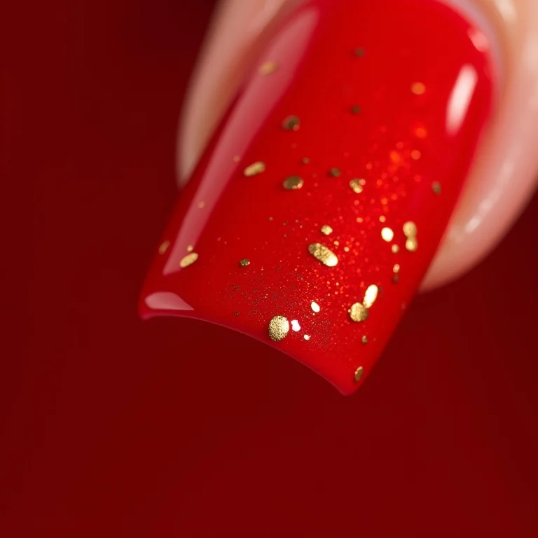 Detalhe macro de unhas vermelhas com flocos dourados
