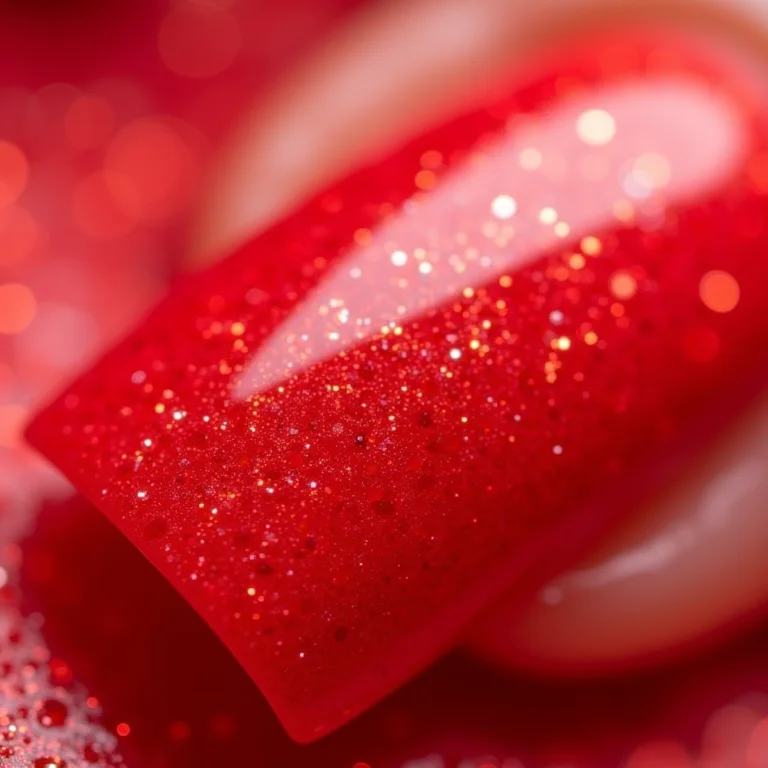 Detalhe macro de unhas vermelhas com glitter
