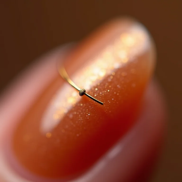 Detalhe minimalista de fio de ouro em unha nude