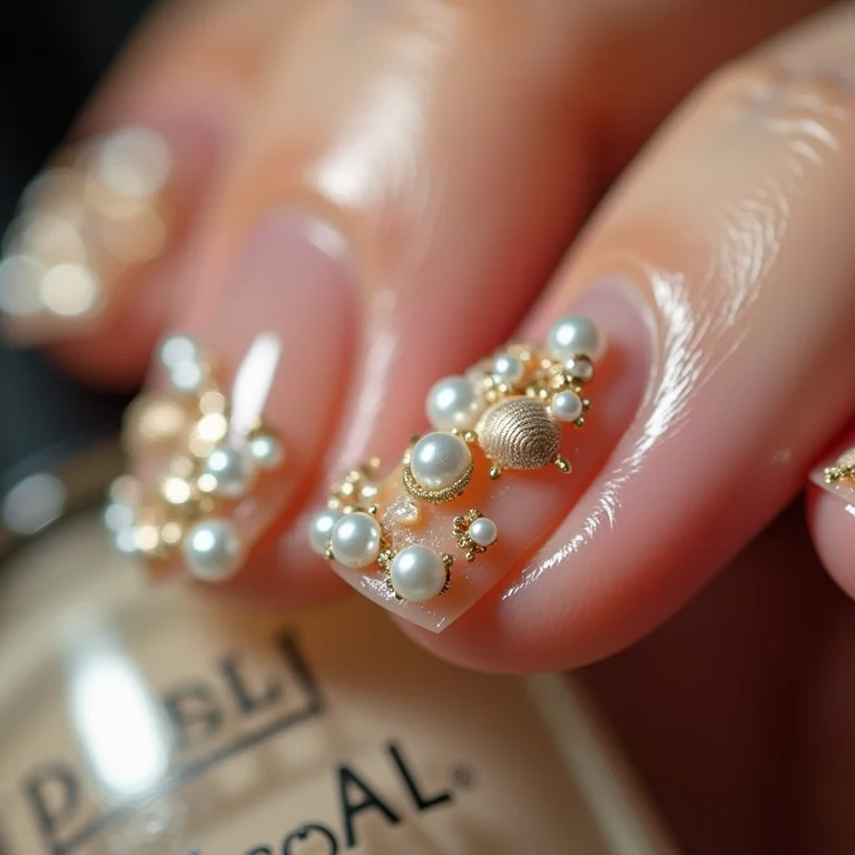 Detalhes com conchas e pérolas em unhas